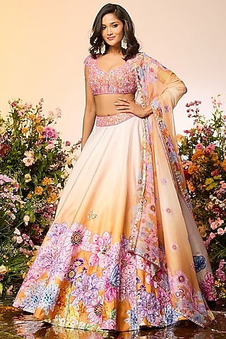 Ochre Yellow Crystal Printed & Embellished Lehenga Set by LABEL PRIYANKA KAR