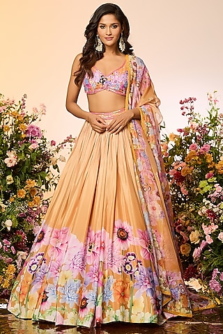 Ochre Yellow Chinon Chiffon Printed & Embellished Lehenga Set by LABEL PRIYANKA KAR