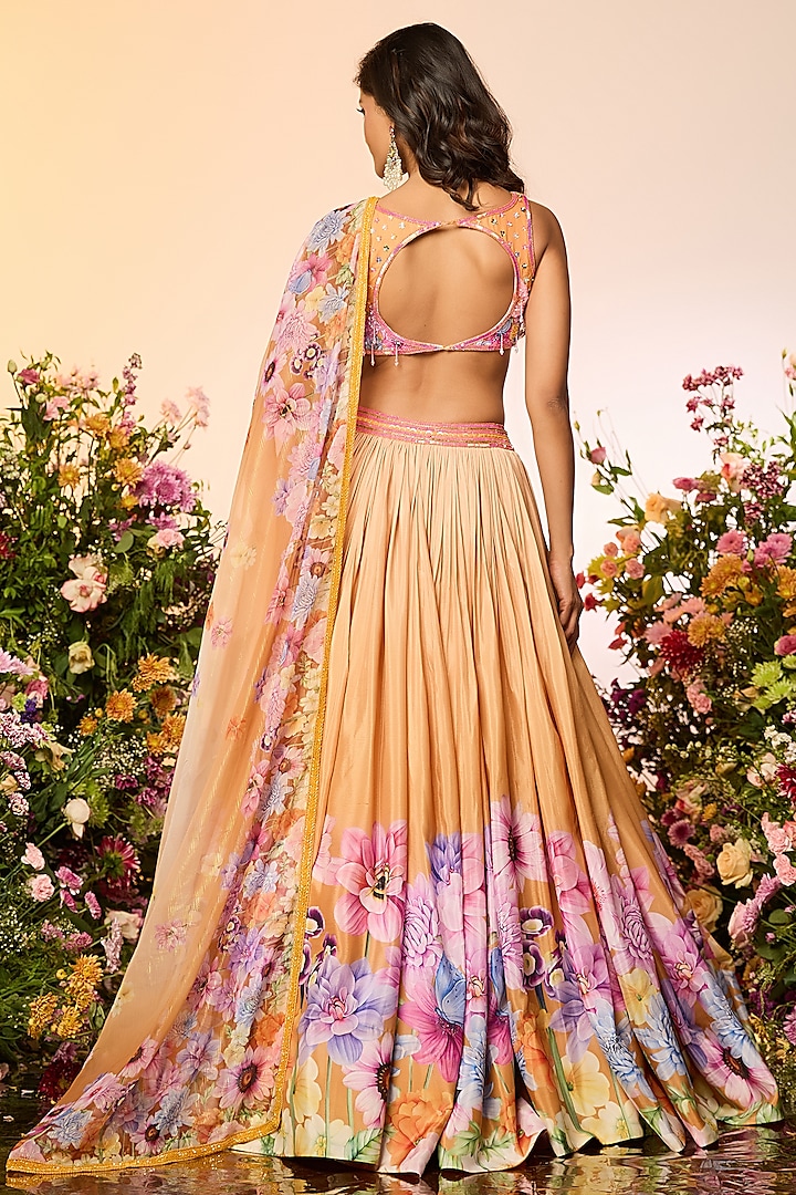 Ochre Yellow Chinon Chiffon Printed & Embellished Wedding Lehenga Set by LABEL PRIYANKA KAR at Pernia's Pop Up Shop