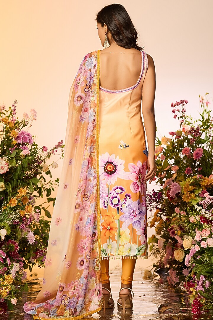 Ochre Yellow Crystal Printed & Embellished Kurta Set by LABEL PRIYANKA KAR at Pernia's Pop Up Shop