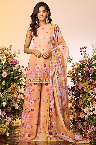 Ochre Yellow Zari Floral Printed Sharara Set by LABEL PRIYANKA KAR