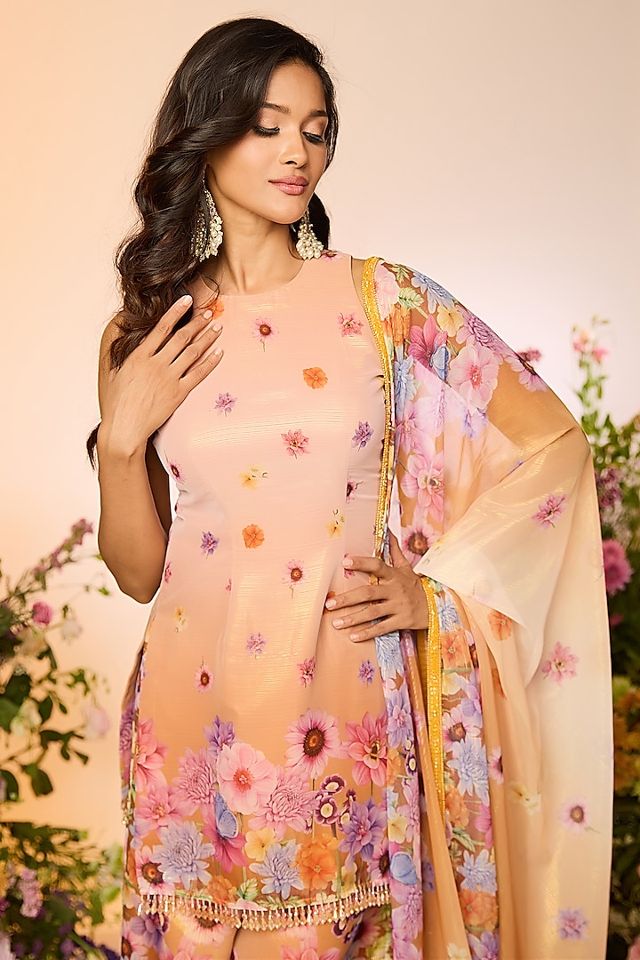 Ochre Yellow Zari Floral Printed Party Wear Sharara Set by LABEL PRIYANKA KAR at Pernia's Pop Up Shop