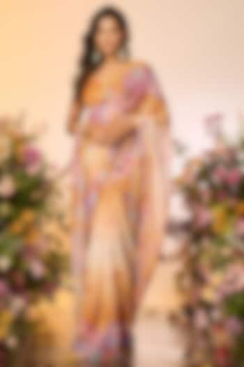 Ochre Yellow Zari Printed & Embellished Pre-Draped Party Wear Saree Set by LABEL PRIYANKA KAR at Pernia's Pop Up Shop