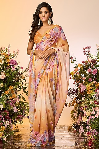 Ochre Yellow Zari Printed & Embellished Pre-Draped Saree Set by LABEL PRIYANKA KAR