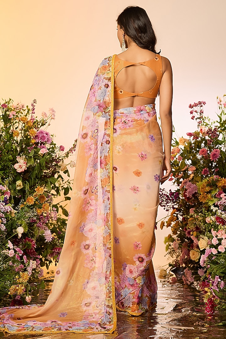 Ochre Yellow Zari Printed & Embellished Pre-Draped Party Wear Saree Set by LABEL PRIYANKA KAR at Pernia's Pop Up Shop