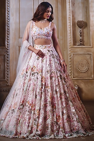 Silver Grey Lehenga Set In Sequins Embroidered Net With Pink Organza  Ruffled Dupatta Online - Kalki Fashion