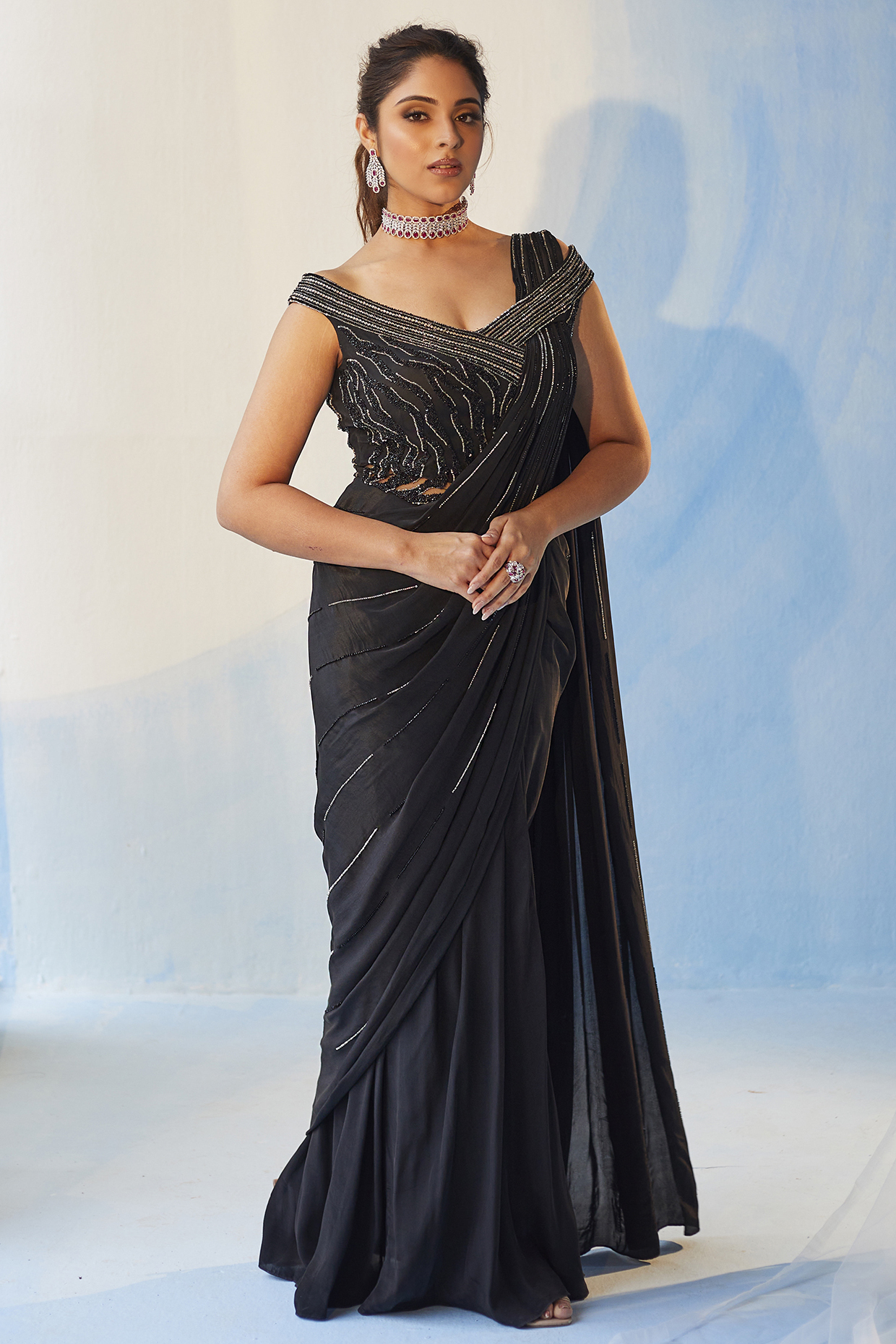 Black Crepe & Mesh Tonal Sequins Embroidered Wedding Gown Saree by Label RSD at Pernia's Pop Up Shop