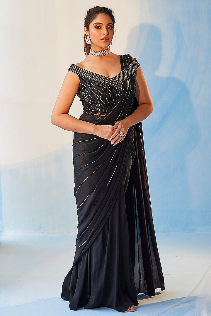 Black Crepe & Mesh Tonal Sequins Embroidered Wedding Gown Saree by Label RSD at Pernia's Pop Up Shop