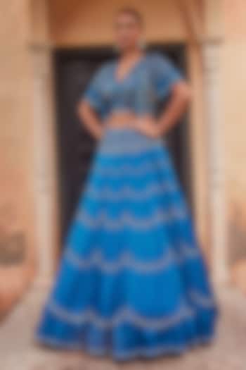Prussian Blue Satin Organza Hand Embroidered Wedding Lehenga Set by Label RSD at Pernia's Pop Up Shop