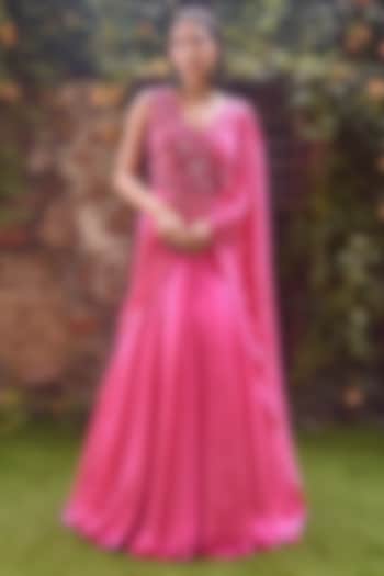 Hot Pink Satin Organza & Mesh Hand Embroidered Wedding Gown Saree by Label RSD at Pernia's Pop Up Shop