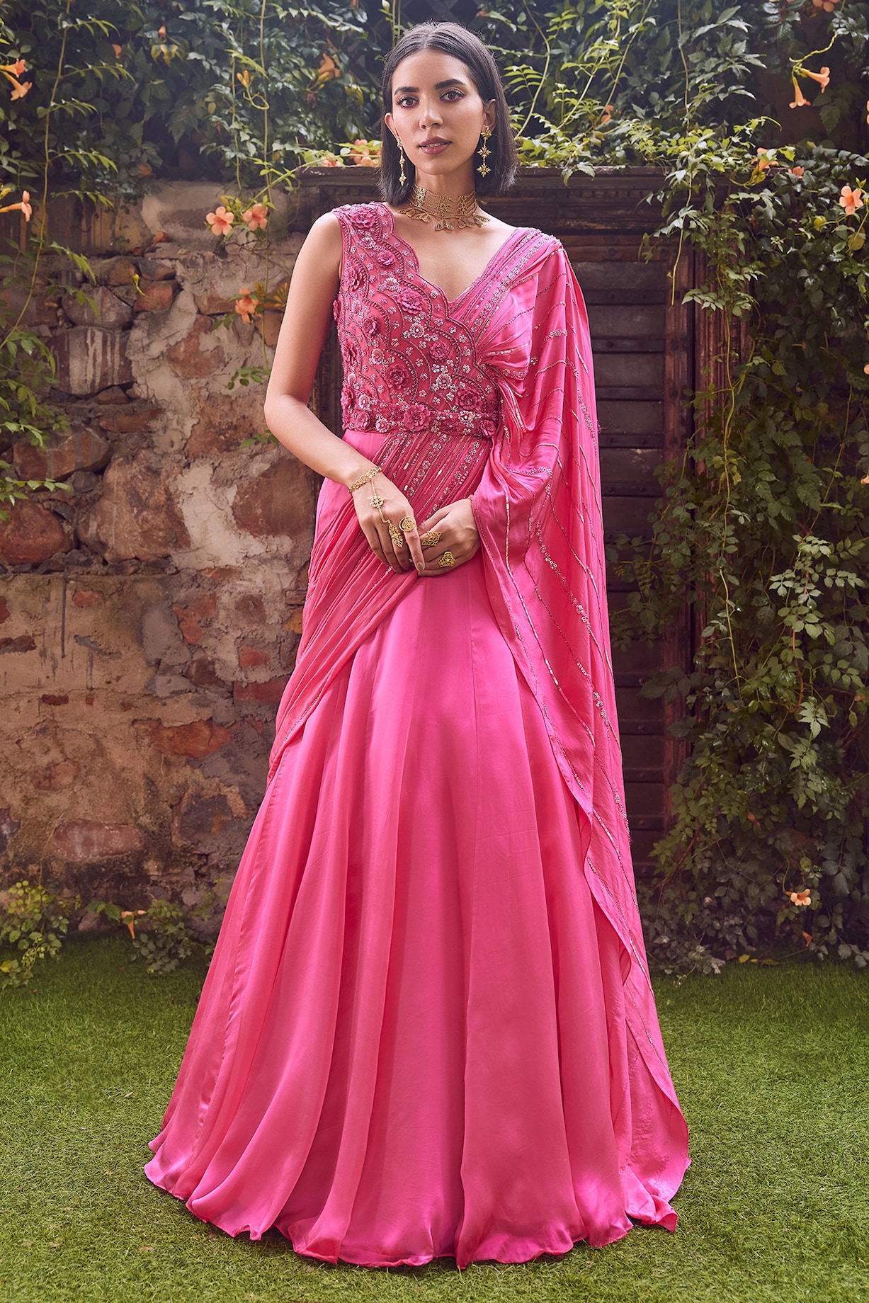 Hot Pink Satin Organza Mesh Hand Embroidered Gown Saree by Label
