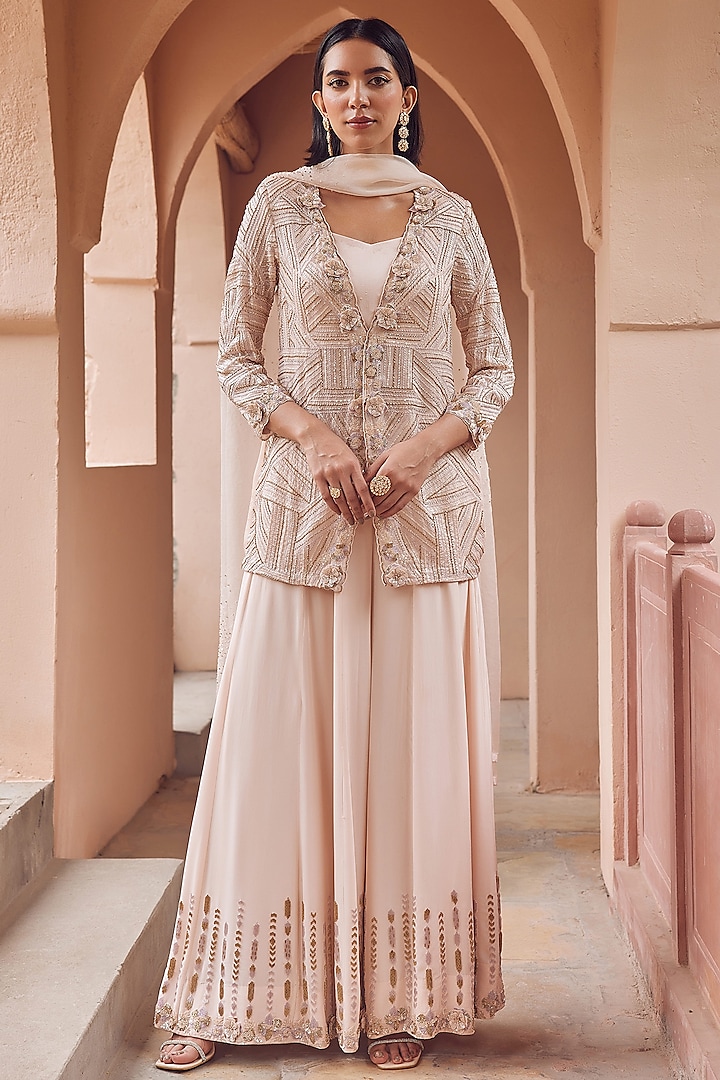 Powder Pink Crepe Embroidered Sharara Set by Label RSD
