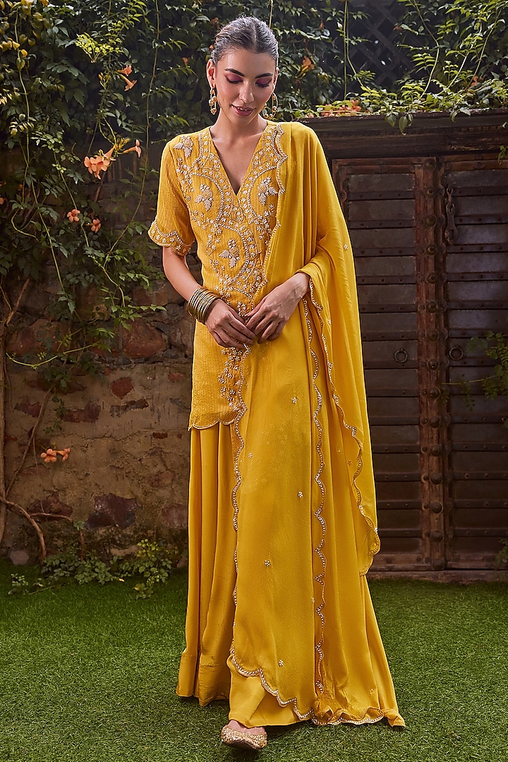 Yellow Crepe Sharara Set by Label RSD