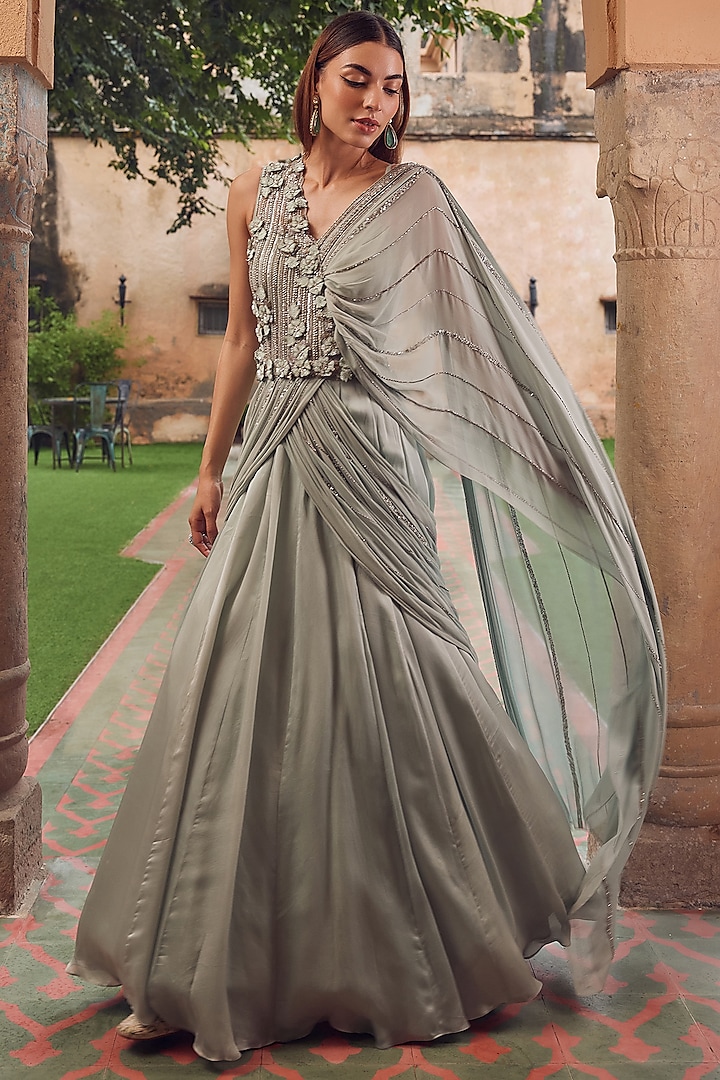 Aqua Green Mesh & Satin Organza Hand Embroidered Gown Saree by Label RSD