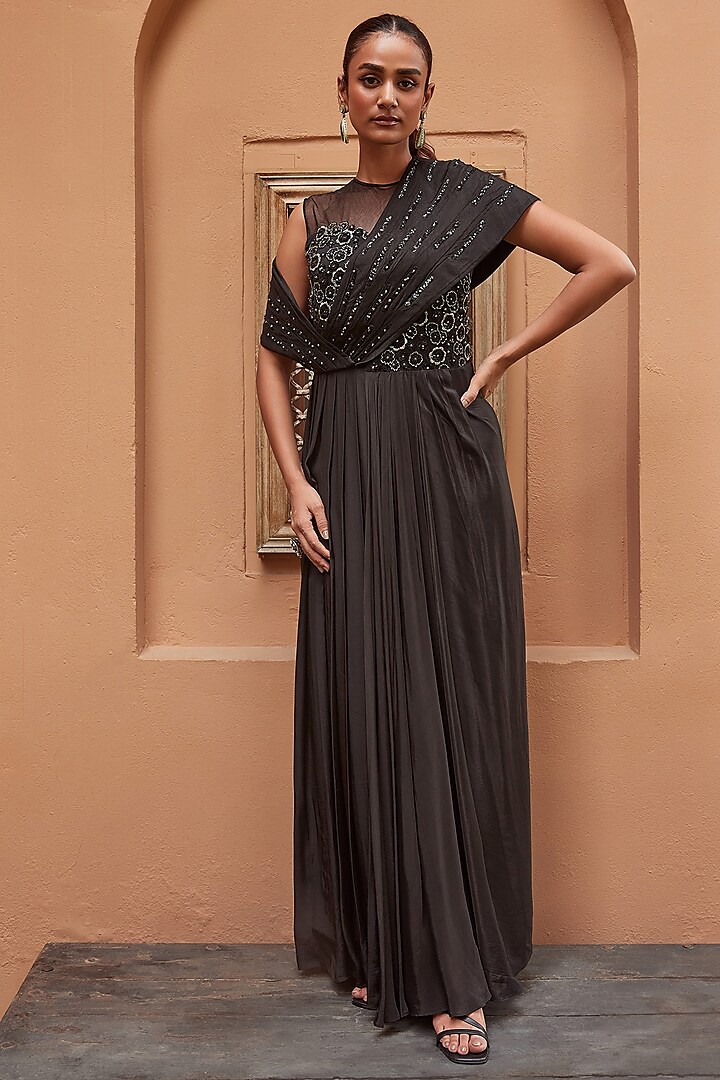Black Mesh & Crepe Hand Embroidered Draped Gown by Label RSD