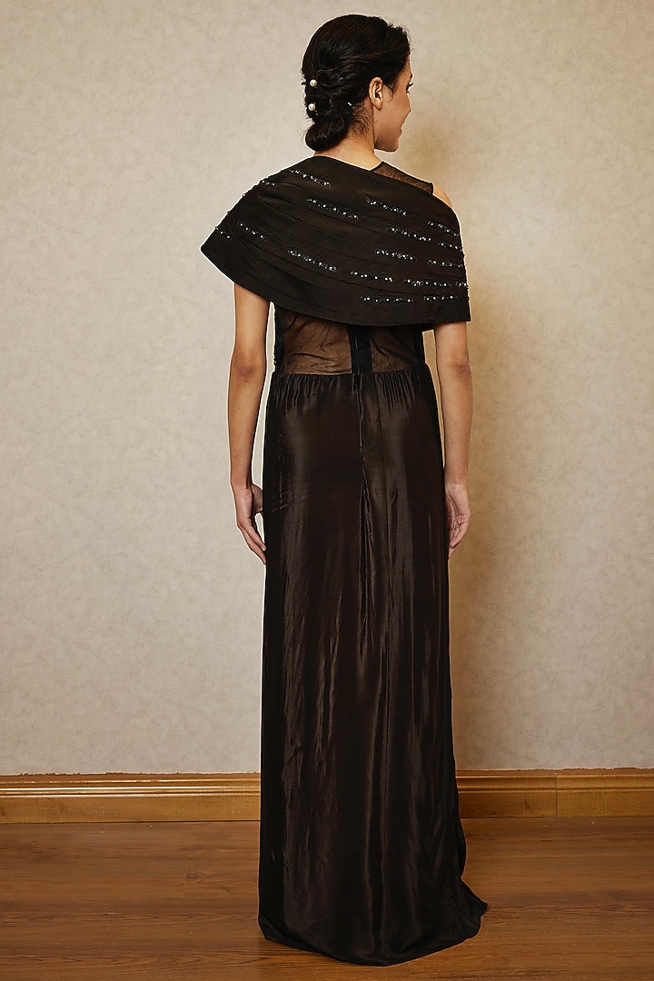Black Mesh & Crepe Hand Embroidered Draped Engagement Gown by Label RSD at Pernia's Pop Up Shop