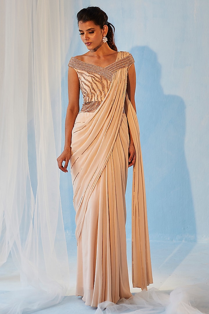 Champagne Mesh & Crepe Bugle Bead Embroidered Gown Saree by Label RSD