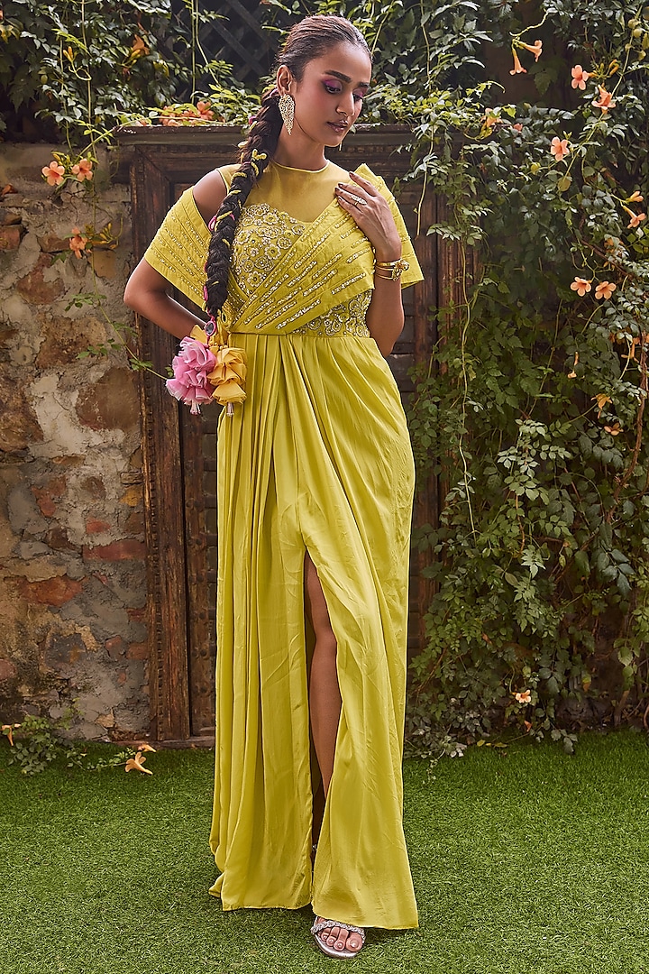 Lime Mesh & Crepe Hand Embroidered Draped Gown Saree by Label RSD