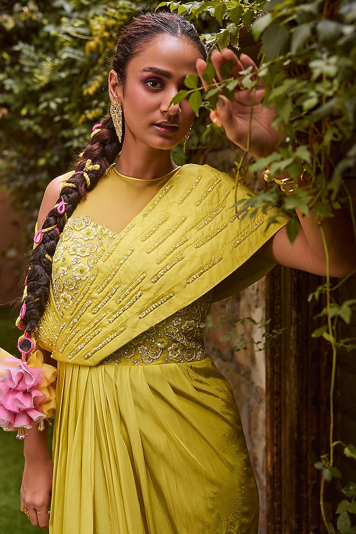 Lime Mesh & Crepe Hand Embroidered Draped Wedding Gown Saree by Label RSD at Pernia's Pop Up Shop