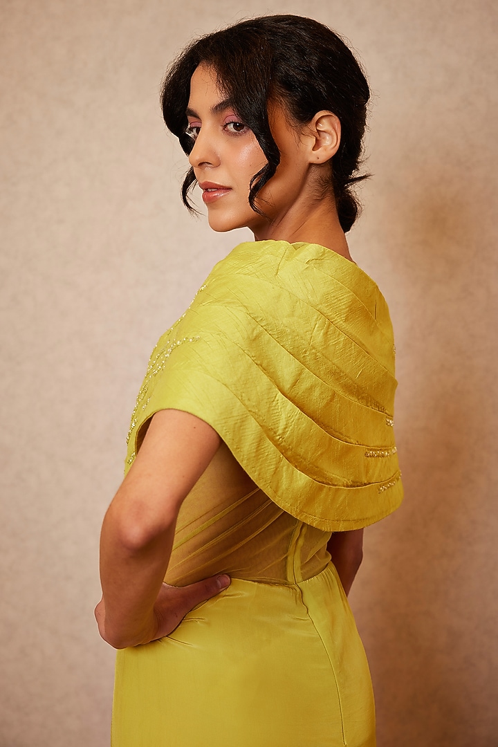 Lime Mesh & Crepe Hand Embroidered Draped Wedding Gown Saree by Label RSD at Pernia's Pop Up Shop