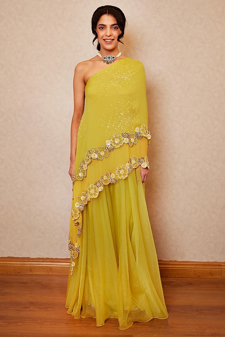 Lime Yellow Georgette Sequins Embroidered One-Shoulder Cape Set by Label RSD