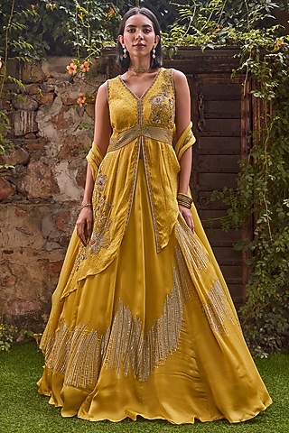 Mehendi Green Satin Organza Hand Embellished Lehenga Set by Label RSD