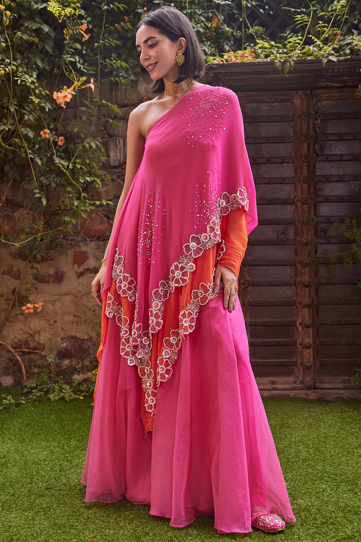 Hot Pink & Orange Georgette Sequins Embroidered One-Shoulder Cape Set by Label RSD