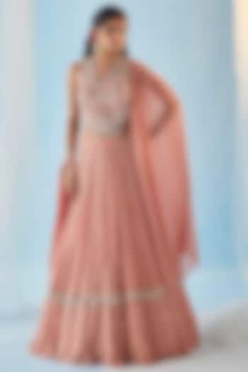 Salmon Pink Georgette Sequins Embroidered Gown by Label RSD