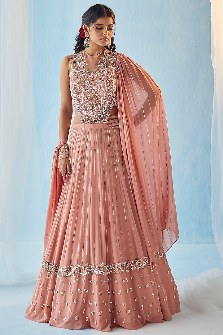Salmon Pink Georgette Sequins Embroidered Gown by Label RSD