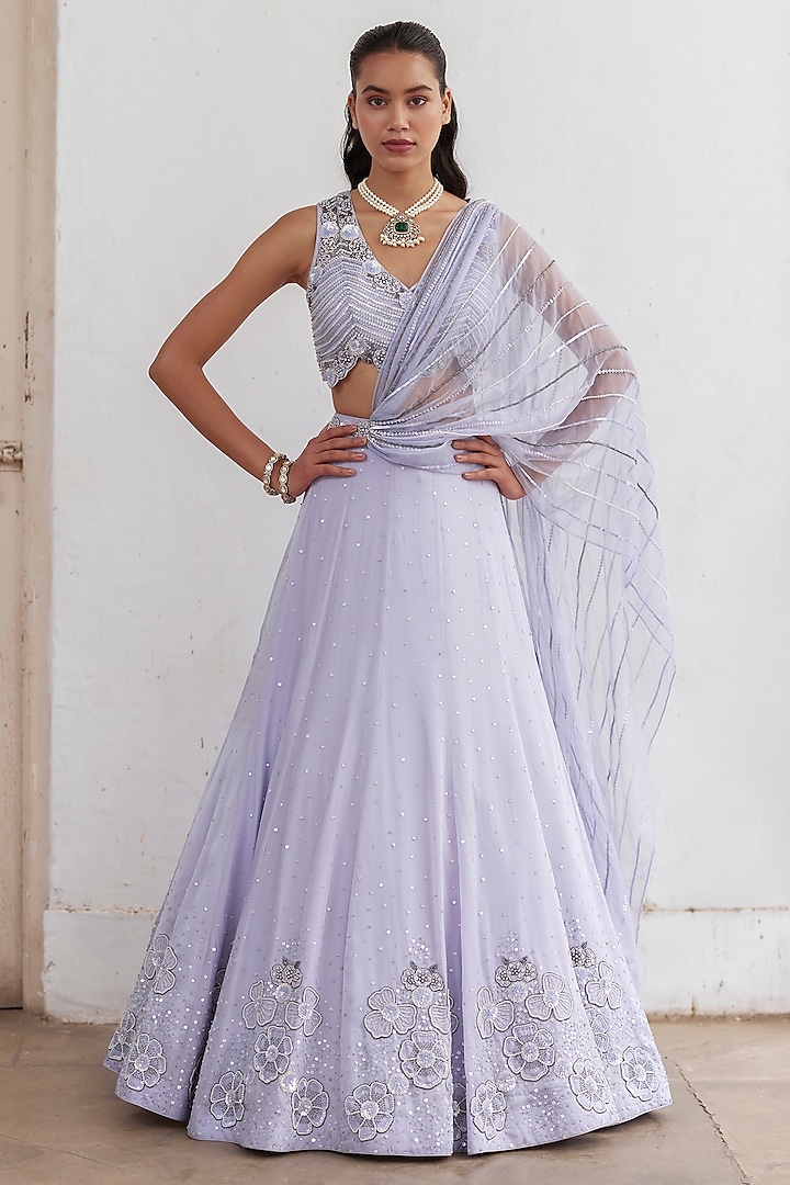 Blue Satin Organza Hand Embroidered Lehenga Set by Label RSD