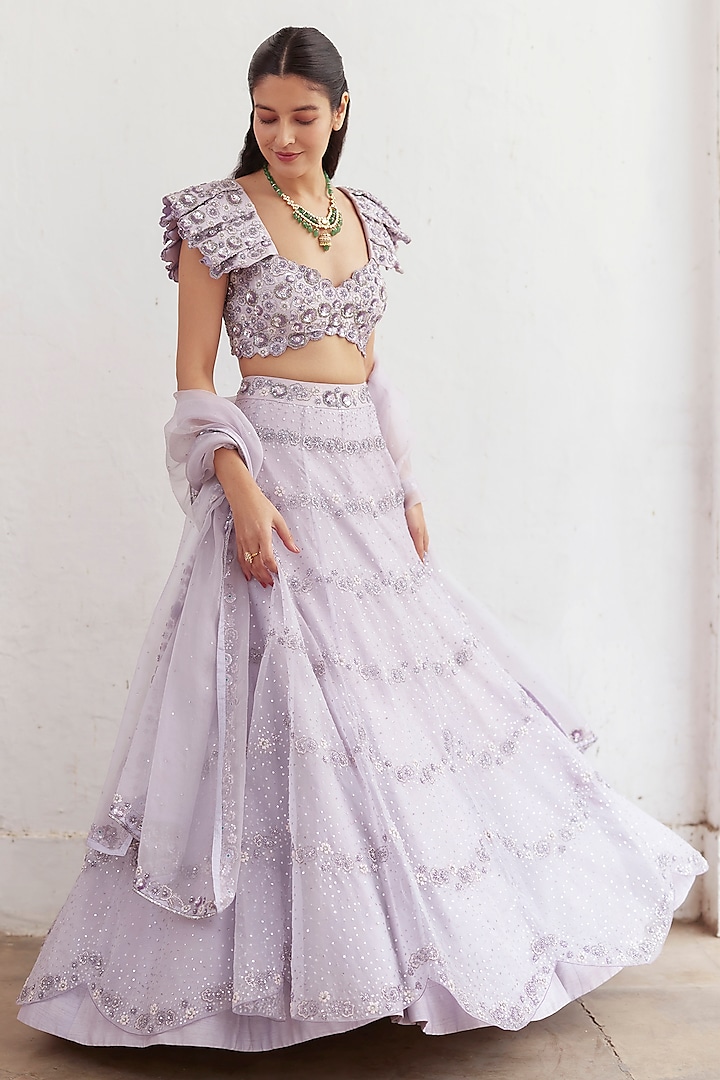 Lavender Silk & Organza Hand Embroidered Lehenga Set by Label RSD