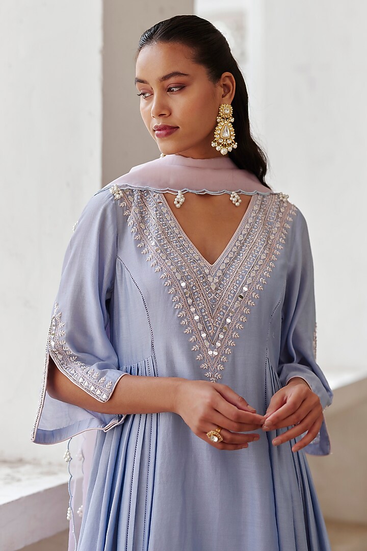 Light Purple Chanderi Mirror Work Party Wear Anarkali Set by Label RSD at Pernia's Pop Up Shop