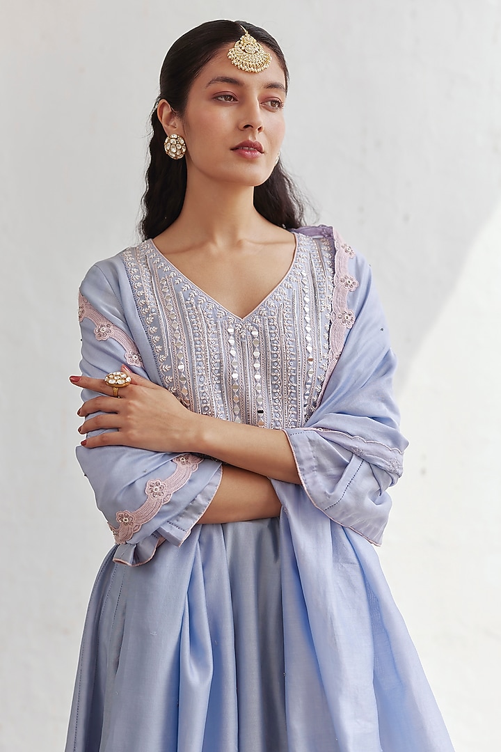 Light Purple Chanderi Mirror Work Party Wear Anarkali Set by Label RSD at Pernia's Pop Up Shop