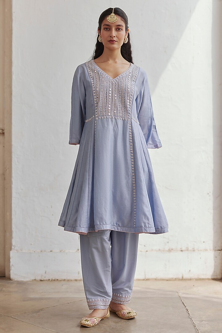 Light Purple Chanderi Mirror Work Party Wear Anarkali Set by Label RSD at Pernia's Pop Up Shop