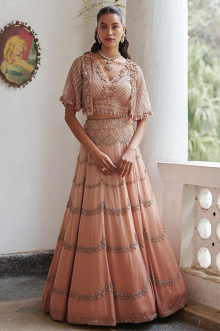 Rose Gold & Copper Ombre Satin Organza Hand Embroidered Lehenga Set by Label RSD