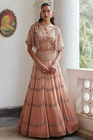 Rose Gold & Copper Ombre Satin Organza Hand Embroidered Lehenga Set by Label RSD