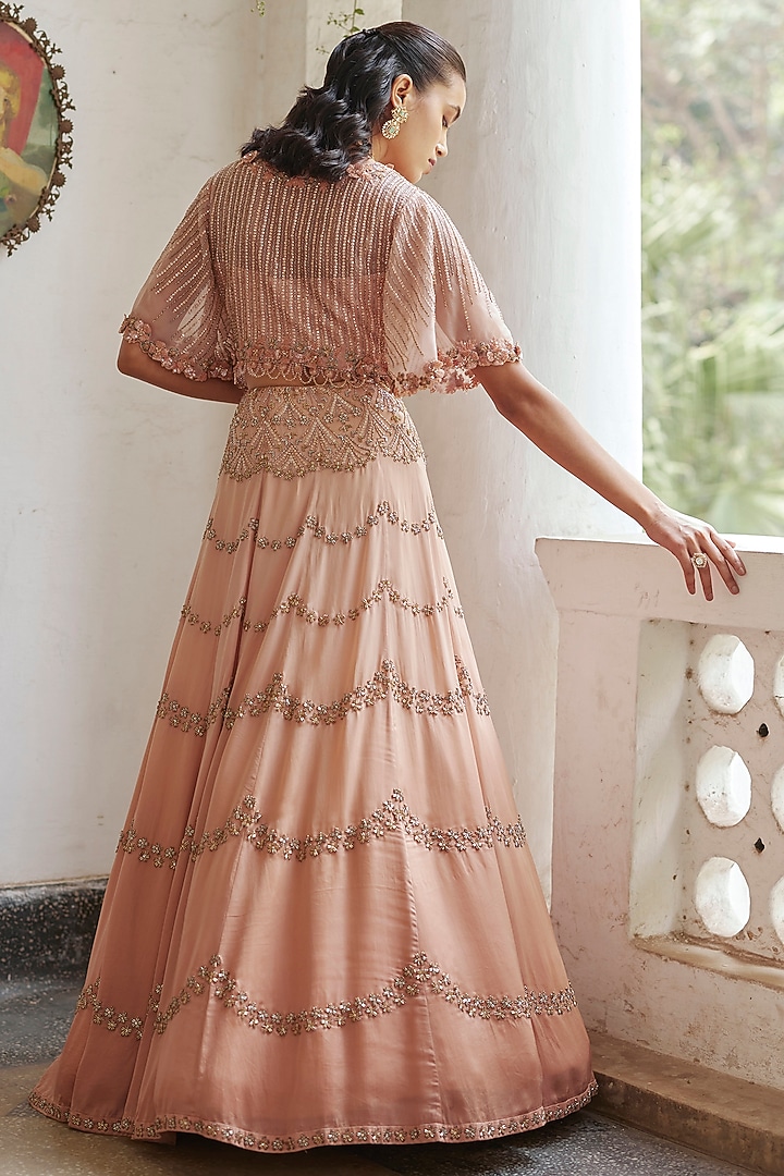 Rose Gold & Copper Ombre Satin Organza Hand Embroidered Wedding Lehenga Set by Label RSD at Pernia's Pop Up Shop