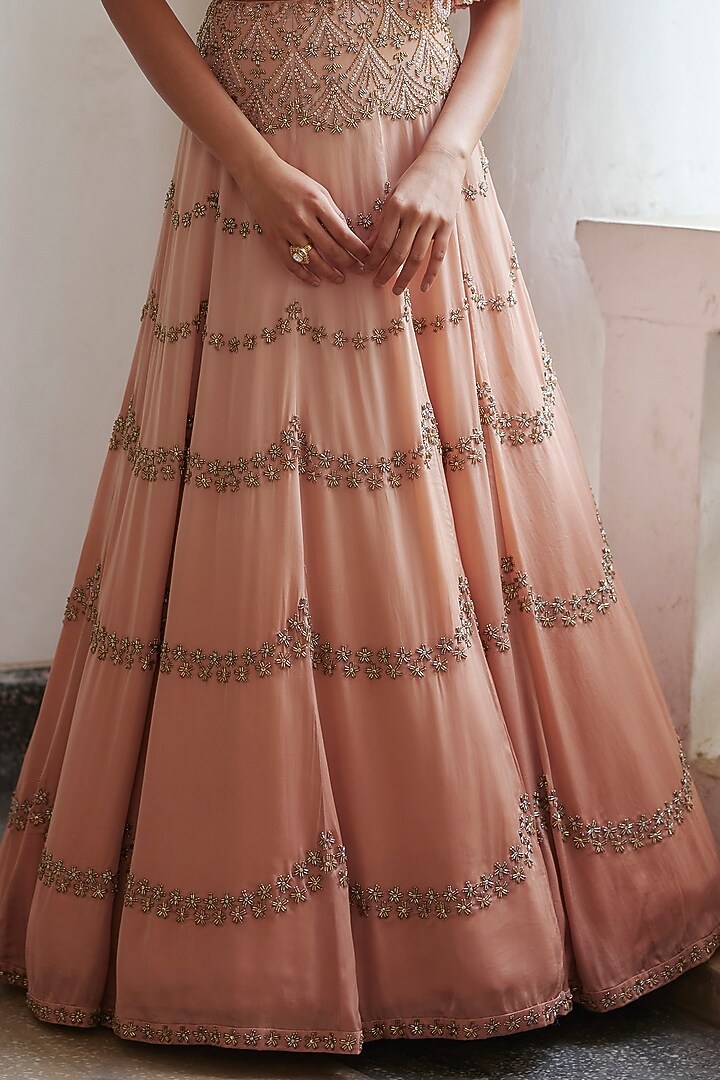 Rose Gold & Copper Ombre Satin Organza Hand Embroidered Wedding Lehenga Set by Label RSD at Pernia's Pop Up Shop