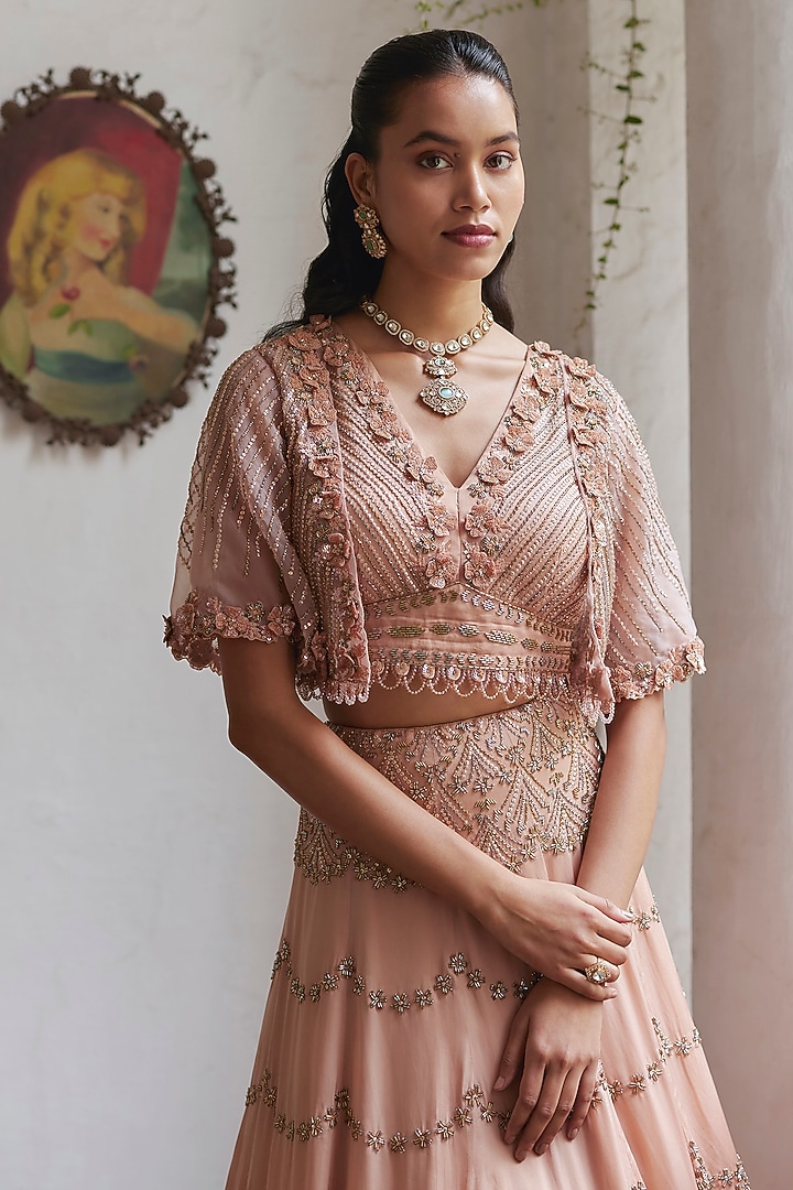 Rose Gold & Copper Ombre Satin Organza Hand Embroidered Wedding Lehenga Set by Label RSD at Pernia's Pop Up Shop