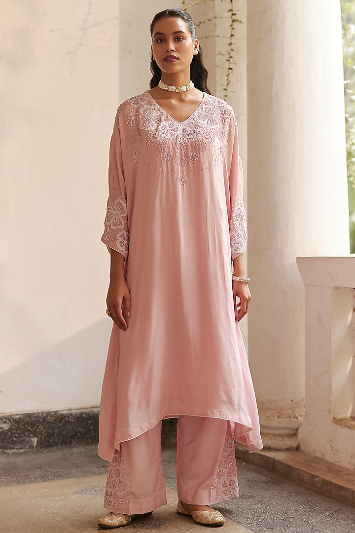 Dusty Pink Crepe Sequins & Applique Work Kaftan Set by Label RSD