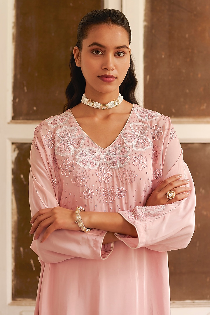 Dusty Pink Crepe Sequins & Applique Work Kaftan Set by Label RSD at Pernia's Pop Up Shop