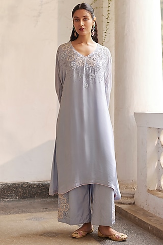 Blue Crepe Sequins & Applique Work Kaftan Set by Label RSD