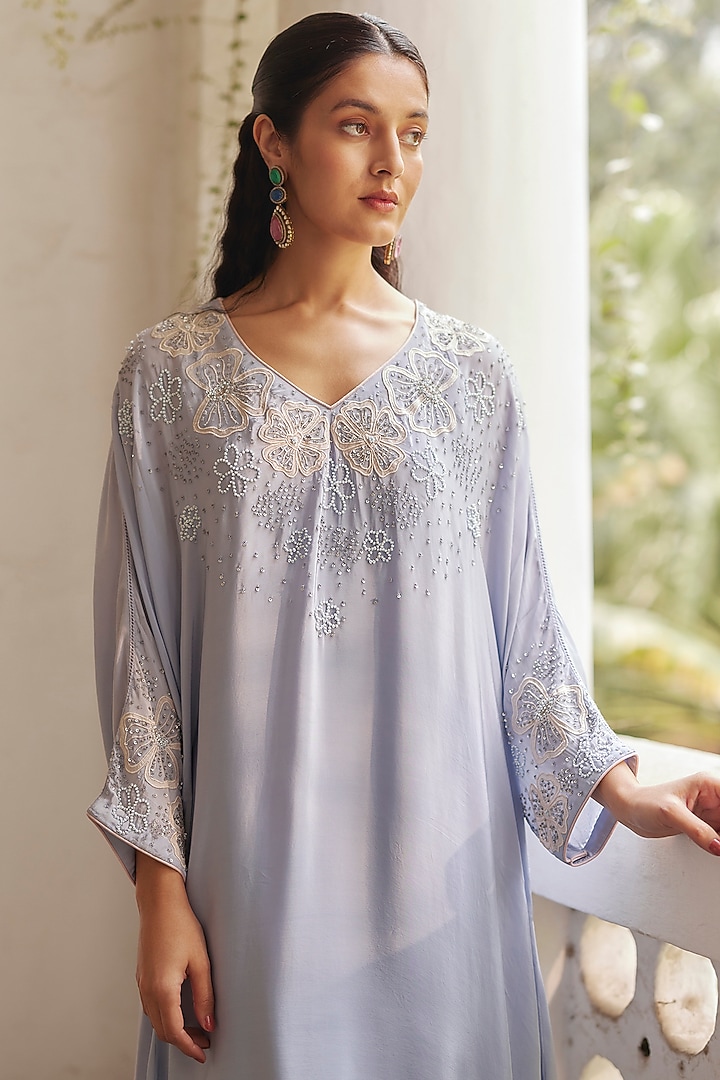 Blue Crepe Sequins & Applique Work Kaftan Set by Label RSD at Pernia's Pop Up Shop