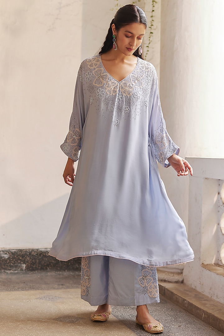Blue Crepe Sequins & Applique Work Kaftan Set by Label RSD at Pernia's Pop Up Shop