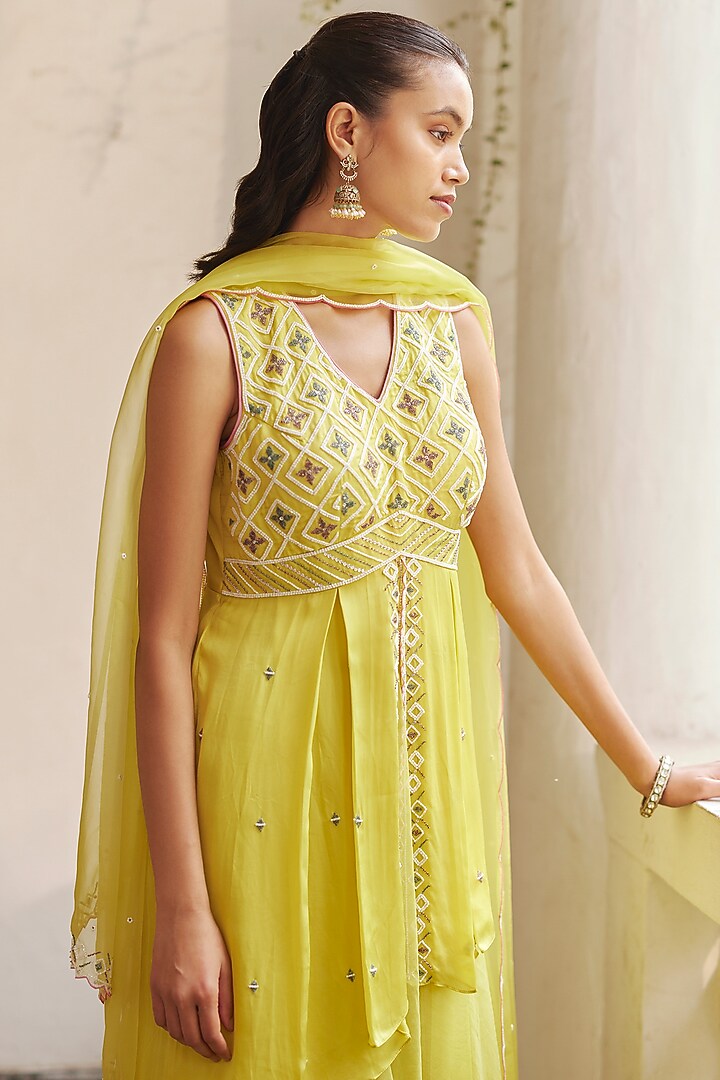Lime Satin Organza Wedding Sharara Set by Label RSD at Pernia's Pop Up Shop