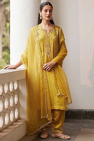 Mehendi Green Satin Organza Bugle Beads & Crystal Embroidered Kurta Set by Label RSD
