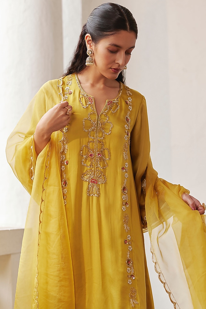 Mehendi Green Satin Organza Bugle Beads & Crystal Embroidered Kurta Set by Label RSD at Pernia's Pop Up Shop