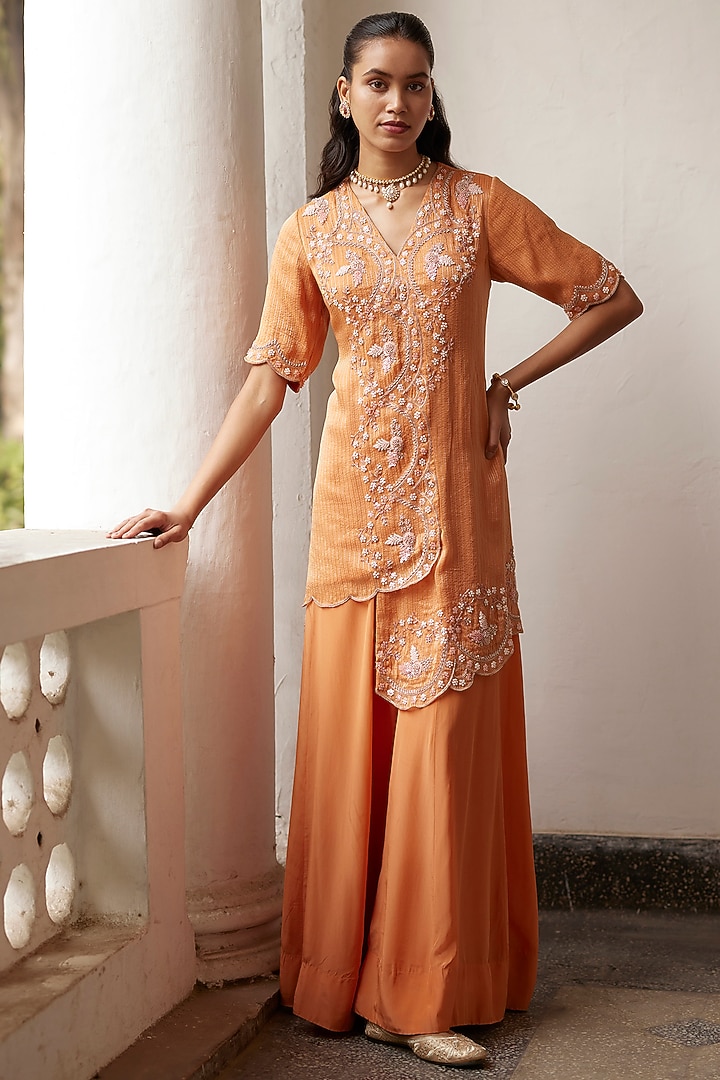 Burnt Orange Crepe Flowy Wedding Sharara Set by Label RSD at Pernia's Pop Up Shop