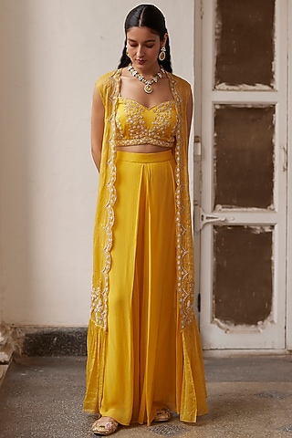 Yellow Textured Chanderi Sequins & Beads Hands Embroidered Cape Set by Label RSD