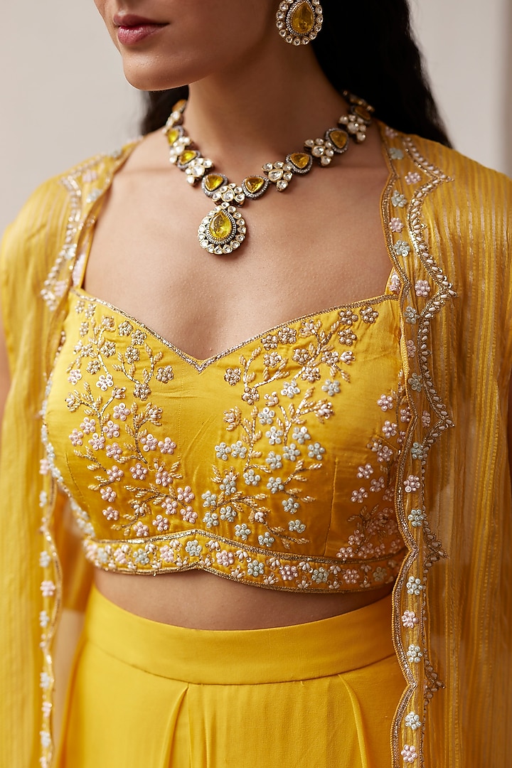 Yellow Textured Chanderi Sequins & Beads Hands Embroidered Cape Set by Label RSD at Pernia's Pop Up Shop